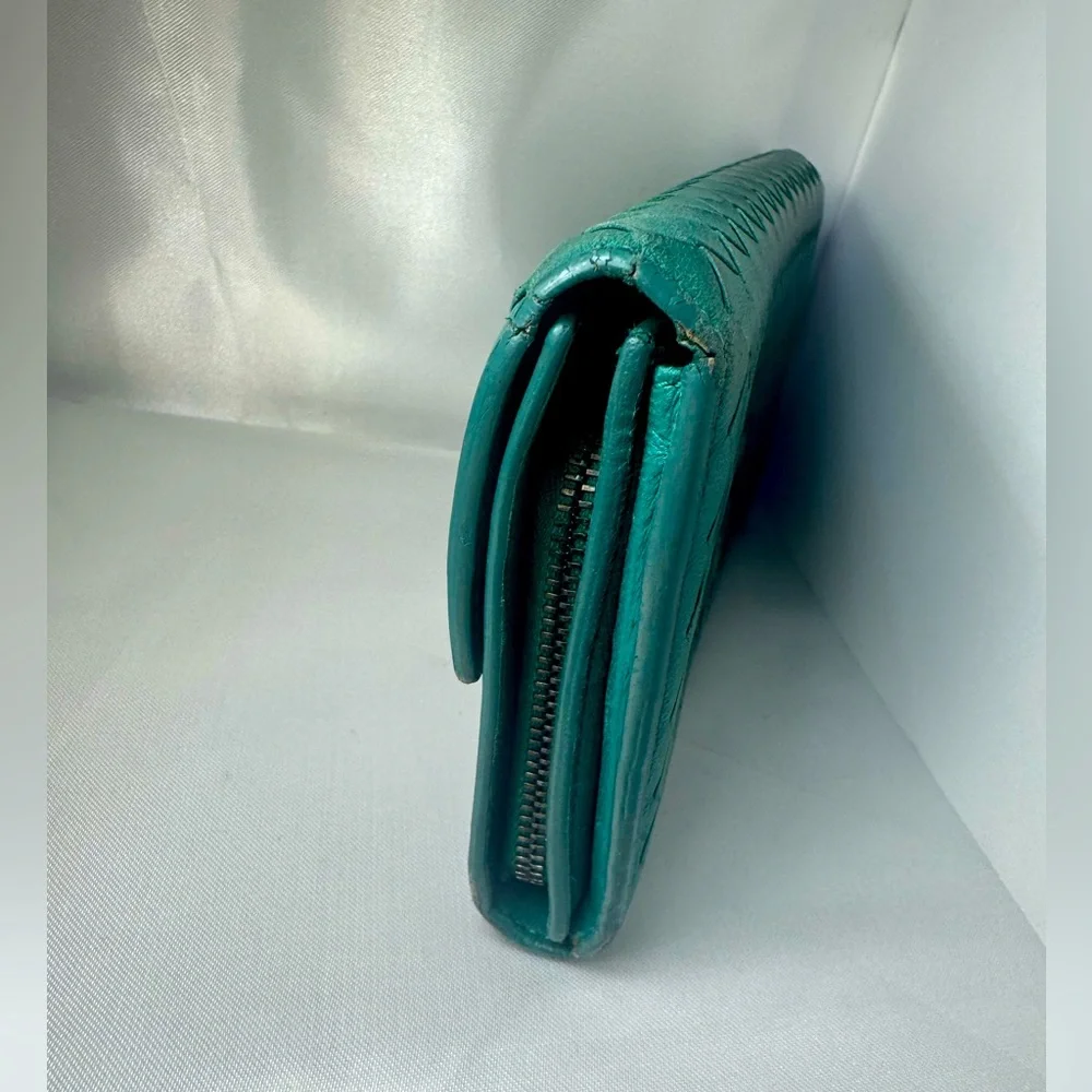 Bottega Veneta Intrecciato Leather Long Wallet Teal Vintage Color Made in Italy - Picture 4 of 14